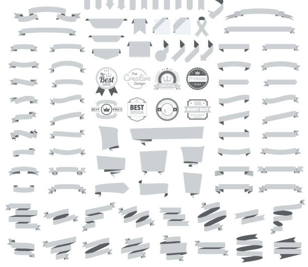 kumpulan pita abu-abu, spanduk, lencana, label - elemen desain di latar belakang putih - spanduk web ilustrasi stok