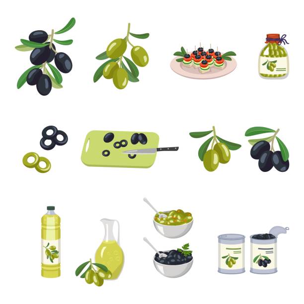 Set of Greek olives. Open and closed canning metal and glass jar, berries in bowl, olive oil in bottle and jug, cutting board with knife, fingerfood and snack on plate. Vector flat illustration Set of Greek olives. Open and closed canning metal and glass jar, berries in bowl, olive oil in bottle and jug, cutting board with knife, fingerfood and snack on plate. Vector flat illustration green olives jar stock illustrations