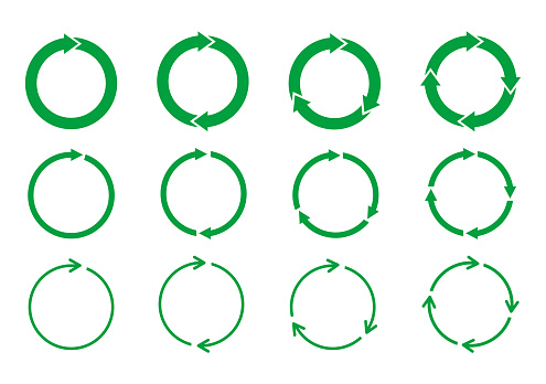 Set of green circle arrows rotating on white background. Recycle concept.