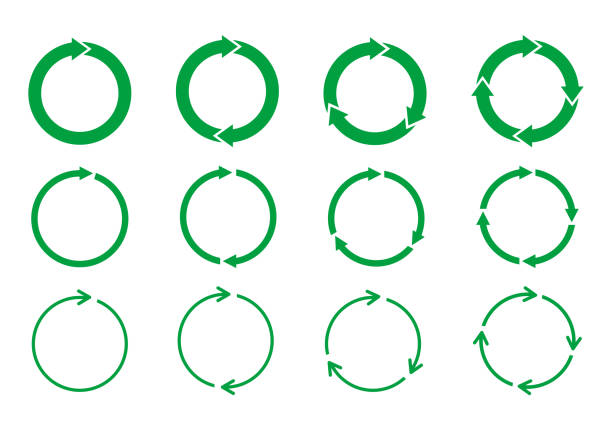 Set of green circle arrows rotating on white background. Recycle concept. Arrow heads representing circulation. Refresh, reload, loop rotation sign collection. Vector illustration,flat style, clip art arrow stock illustrations