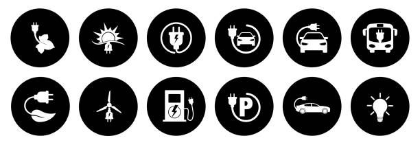 ilustrações de stock, clip art, desenhos animados e ícones de set of green energy and electric charging symbols - carro elétrico