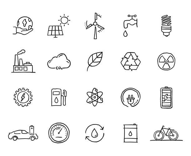 Set of Green Energy related objects and elements. Hand drawn vector doodle illustration collection. Hand drawn icon set. Set of Green Energy related objects and elements. Hand drawn vector doodle illustration collection. Hand drawn icon set. factory drawings stock illustrations