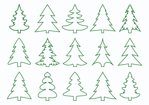 Set of green fir-tree and pines silhouettes isolated on white background. New Year, Christmas tree modern icons. Set of green fir-tree and pines silhouettes isolated on white background. New Year, Christmas tree modern icons. Festive symbols for your design. Large collection of modern icons. Vector illustration christmas tree outline stock illustrations