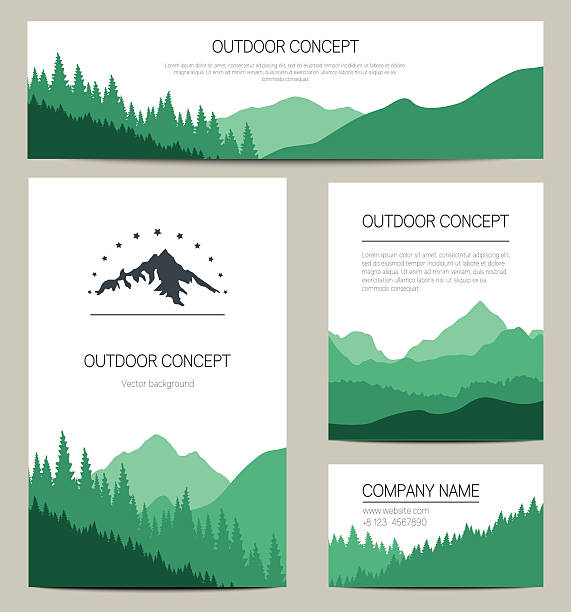 Set of green mountains and forest backgrounds Vector templates design for business cards, greeting, prints, web design, invitation and banners. Set of stylish cards in outdoor style. adventure borders stock illustrations