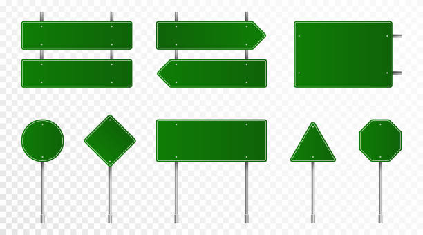 녹색 도로 표지판의 집합입니다. 빈 교통 표지판, 고속도로 보드, 표지판 및 간판. 투명한 배경에 격리된 사실적인 교통 표지판 - 플래카드 stock illustrations
