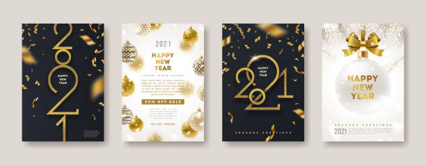 ゴールデン2021年新年ロゴ付きグリーティングカードのセット。新年のグリッターゴールドサイン、ベクトルイラスト。グリーティングカード、招待状、カバー、カレンダーなどの休日のデザ - 正月点のイラスト素材／クリップアート素材／マンガ素材／アイコン素材