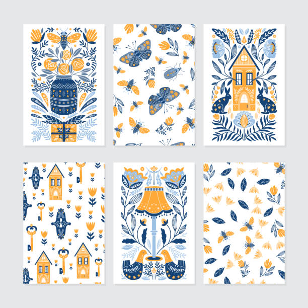 Set of greeting cards in Scandinavian, Nordic and Folk art style Vector set of greeting cards in Scandinavian, Nordic and Folk art style with Hygge elements craft product stock illustrations