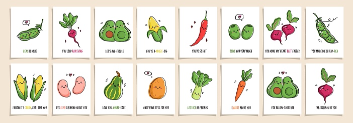 Set of greeting cards Punny veggies with cute veggies and funny phrases. Collection of postcards with kawaii veggy and puns. Vector cartoon illustration