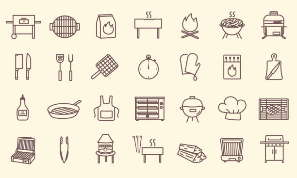 satz von grill-icons - grillen stock-grafiken, -clipart, -cartoons und -symbole