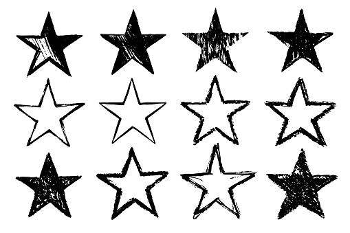 Vector Set of different Black Paint Star Imprints Isolated on White Background. Hand Drawn Grunge Elements.