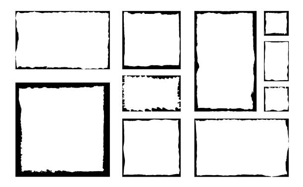 그런 지 스퀘어 프레임의 집합입니다. 빈 테두리 배경입니다. 손은 흑백 잉크를 그립니다. 고민 지 빈티지 서식 파일 손상. 브러시 스트로크 벡터입니다. - frame stock illustrations