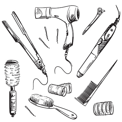 Set of hair styling tools, vector sketch