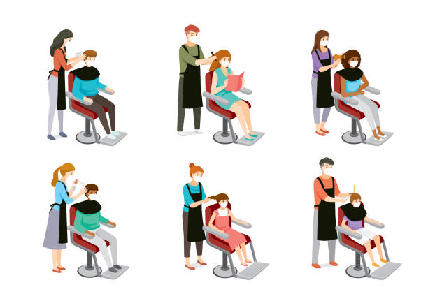 Set Of Hairdresser Doing Hair Of Customers, Man, Woman, Boy And Girl, Hairdressing Equipments New Normal, Beauty, Shop, Healthcare hairstyle illustrations stock illustrations