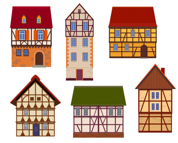 흰색 배경에 반 목조 주택의 집합 - 독일 문화 stock illustrations