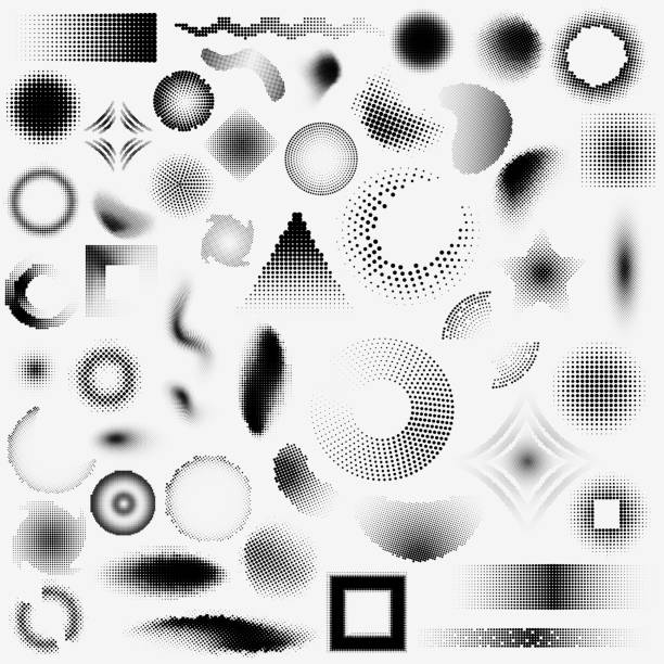 Set of halftone dot objects of different shapes. Set of halftone dot objects of different shapes. Different elements black and white texture. high key stock illustrations