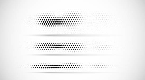 Set of halftone dots gradient pattern texture isolated on white background. Straight dotted spots using halftone circle dot raster texture. Vector blot half tone collection. Divider lines. Set of halftone dots gradient pattern texture isolated on white background. Straight dotted spots using halftone circle dot raster texture. Vector blot half tone collection. Divider lines. in a row stock illustrations