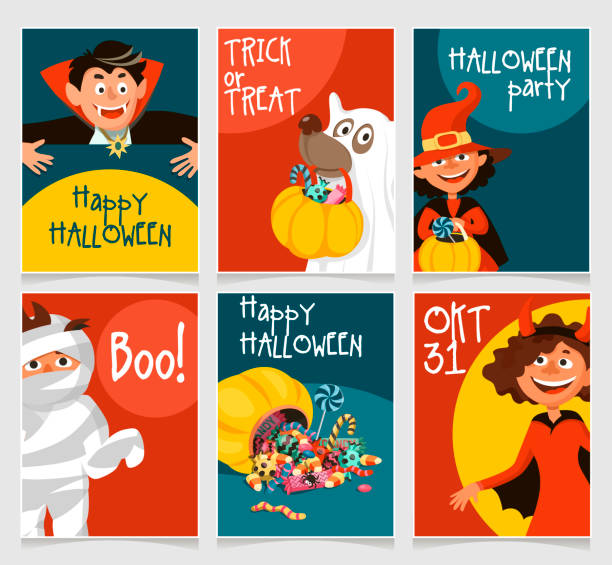 ilustraciones, imágenes clip art, dibujos animados e iconos de stock de conjunto de tarjetas de halloween con familia de dibujos animados en disfraces de halloween - candy canes
