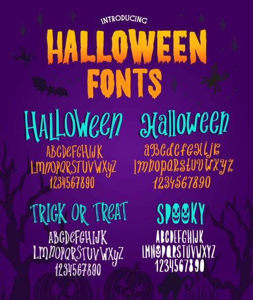 Set of Halloween fonts. Typography alphabet with colorful spooky and horror illustrations. Halloween font. Typography alphabet with colorful spooky and horror illustrations. Handwritten script for holiday party celebration and crafty design. Vector with hand-drawn lettering. svg stock illustrations