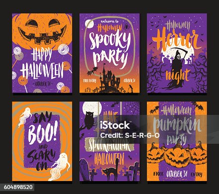 istock Set of Halloween holidays hand drawn posters or greeting card 604898520