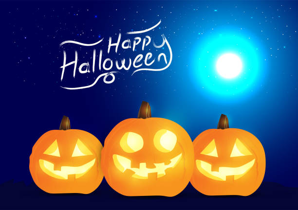 Set of halloween pumpkins and halloween typography, funny faces. Autumn holidays. Night blue background. Vector illustration EPS10. vector art illustration