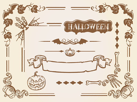 Set of Halloween themed elements and frame corners in vintage style. Vector illustration.