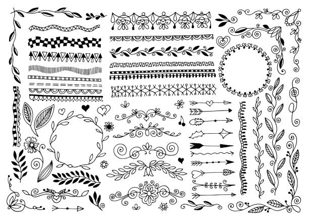 ilustrações de stock, clip art, desenhos animados e ícones de set of hand drawing doodle page divider, border, corner in doodle floral style - snowboard