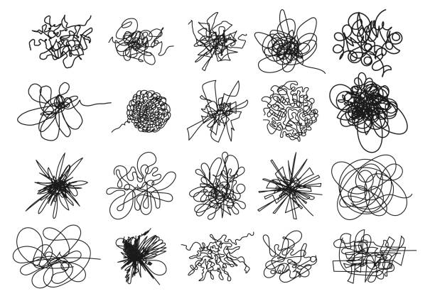 Set of Hand drawing random chaotic lines. Insane tangled scribble clew. Black design abstract scrawl scribbles, chaos doodles. Tangled shapes clutter pencilling flat icon isolated on white background. Set of Hand drawing random chaotic lines. Insane tangled scribble clew. Black design abstract scrawl scribbles, chaos doodles. Tangled shapes clutter pencilling flat icon isolated on white background. chaos stock illustrations