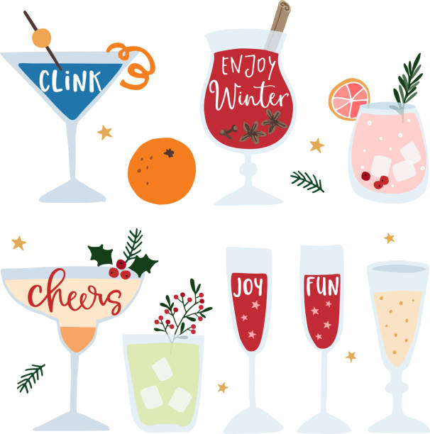 Set of hand drawn alcoholic drinks, cocktails with lettering quotes. Happy New Year celebration concept. Isolated vector icons. Flat design. Set of hand drawn alcoholic drinks, cocktails with lettering quotes. Happy New Year celebration concept. Isolated vector icons. Flat design. cocktail patterns stock illustrations