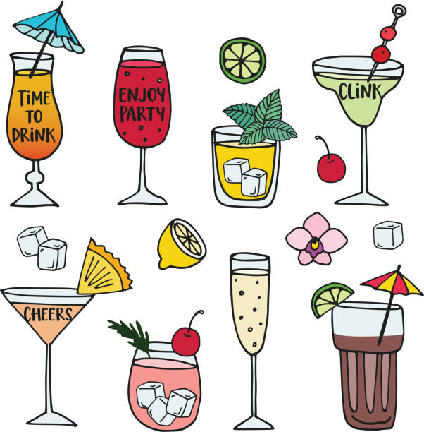 Set of hand drawn alcoholic drinks, cocktails with lettering quotes. Summer holiday and beach party concept. Isolated vector icons. Set of hand drawn alcoholic drinks, cocktails with lettering quotes. Summer holiday and beach party concept. Isolated vector icons. cocktail drawings stock illustrations