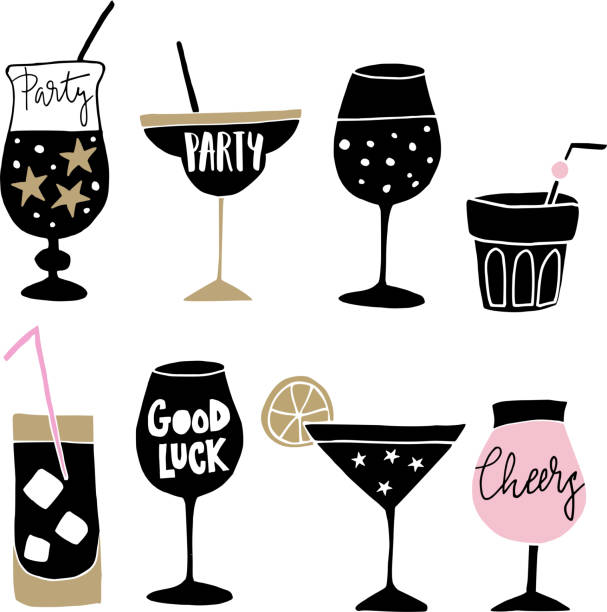 Set of hand drawn alcoholic drinks, cocktails with lettering quotes. Happy New Year celebration concept. Isolated vector icons Set of hand drawn alcoholic drinks, cocktails with lettering quotes. Happy New Year celebration concept, isolated vector icons. cocktail drawings stock illustrations