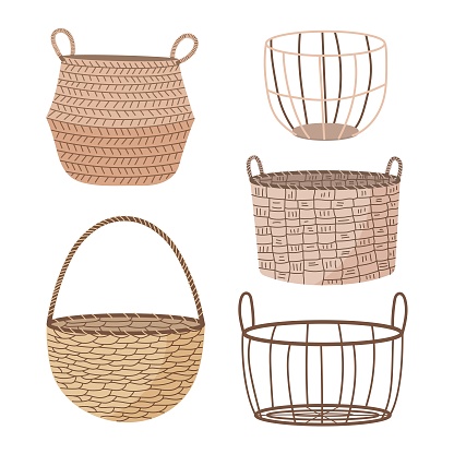 Set of hand drawn wicker baskets. Trendy empty baskets in doodle style. Home decor.