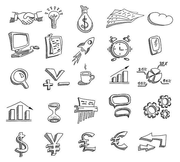 Set of hand drawn business icons. Set of hand drawn business icons. Vector illustration. rocketship drawings stock illustrations