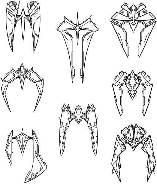 Set of Hand Drawn Cartoon Alien Space Ships Set of eight hand drawn cartoon vector alien space ship shuttle designs with sharp robotic look drawing of fighter planes stock illustrations