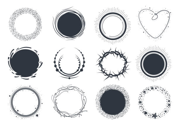 Set of hand drawn circle scribbles with floral, water elements, stars, heart and dots Set of hand drawn circle scribbles with floral, water elements, stars, heart and dots. Crown of thorns. Vector design elements. crown of thorns stock illustrations