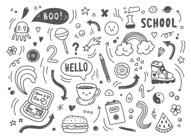 Set of hand drawn doodle elements,arrows,stars,symbols,office or school objects and stationery.Funny black and white doodle background. Set of hand drawn doodle elements,arrows,stars,symbols,office or school objects and stationery.Funny black and white doodle background.Vector clip art quote coloring pages stock illustrations