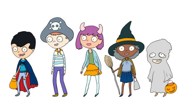 set of hand drawn Halloween characters, boys and girls in costumes set of hand drawn Halloween characters, boys and girls in costumes drawing of a cute little anime boy stock illustrations