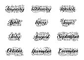 Set of hand drawn lettering with names of months and doodles.  Hand written months titles for print, invitation  or greeting cards, brochures, poster, calender, planner, diary, t-shirts, mugs.