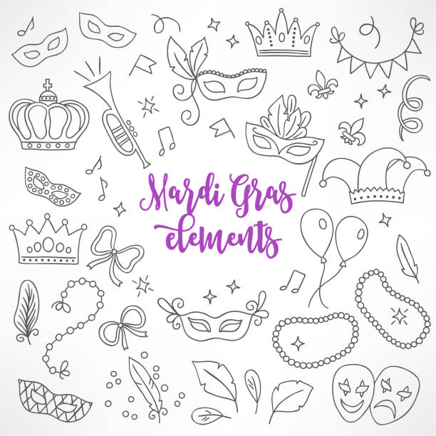 Set of hand drawn Mardi Gras design elements Set of hand drawn Mardi Gras design elements - carnival mask, trumpet, crown, ribbon, feathers, confetti, masks, notes, balloon, harlequin, beads, garland, jester hat. Perfect for coloring books mardi gras stock illustrations