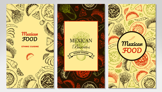 Set of hand drawn Mexican food vertical designs. Vector illustration in sketch style