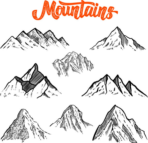 Set of hand drawn mountain illustrations. Design element for poster, card, emblem, sign banner. Set of hand drawn mountain illustrations. Design element for poster, card, emblem, sign banner. Vector image mountain drawings stock illustrations