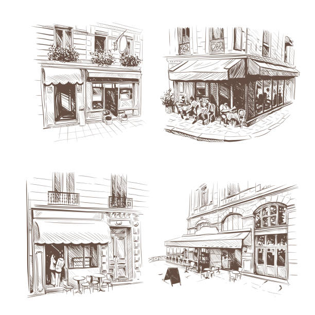 illustrations, cliparts, dessins animés et icônes de main dessiné ensemble de paris, illustration vectorielle café en plein air, - rue paris