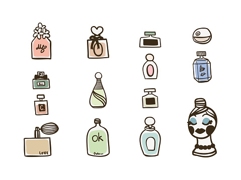Set of hand drawn perfume bottles, Fragrances in various shaped bottles, Isolated on white background. Vector illustration, Cartoon doodle style.