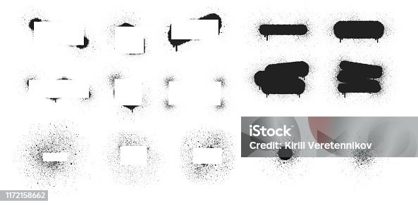 istock Set of hand drawn spray paint frames and text banners. Airbrush ink dot box. Grunge background. Vector isolated illustration. 1172158662