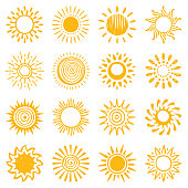 Sun, vector design elements. Hand drawn icons set on a white background.