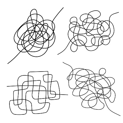 Set of hand drawn tangle scrawl sketch. Black line abstract scribble shape. Vector tangled chaotic doodle circle and square scribble drawing. Thread clew knot isolated on white background.