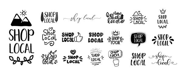 shop local набор рисовал текст и каракули значки, логотип, значки. - small business saturday stock illustrations