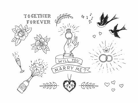 Set of hand drawn traditional tattoo elements. Vintage vector design for stickers ar prints