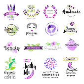 Set of hand drawn watercolor signs for beauty and cosmetics. Vector illustrations for graphic and web design, for natural and organic products, healthy life, beauty care.