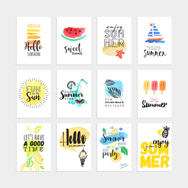 ilustrações de stock, clip art, desenhos animados e ícones de conjunto de mão desenhada cartões de verão e bandeiras em aquarela - natural food web