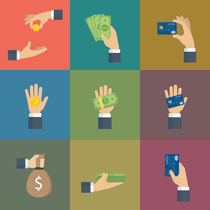 Set Of Hand Gesture with Cash of Money and Credit Card